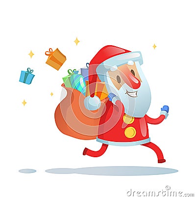 Santa Claus on the run to deliver christmas gifts. Flat vector illustration. Isolated on white background. Vector Illustration