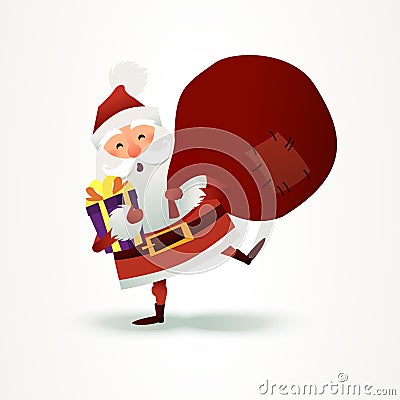 Santa Claus with sack full of gift and present box. Happy Christmas father cartoon character. Vector Illustration