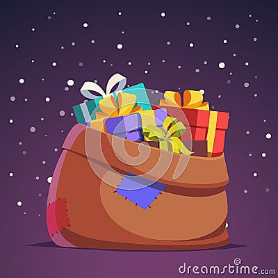 Santa Claus sack full of gift and present boxes Vector Illustration