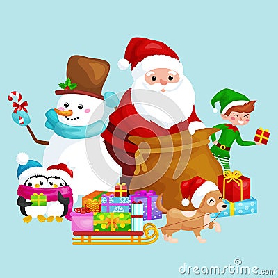 Santa Claus sack full of gifts, snowman candy, decoration ribbons pet dog in hat with presenta in sleigh, penguins elf Vector Illustration