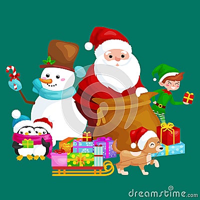 Santa Claus sack full of gifts, snowman candy, decoration ribbons pet dog in hat with presenta in sleigh, penguins elf Vector Illustration