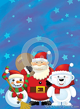 The santa claus with the sack full of presents - gifts - happy snowman and polar bear - christmas desi Stock Photo