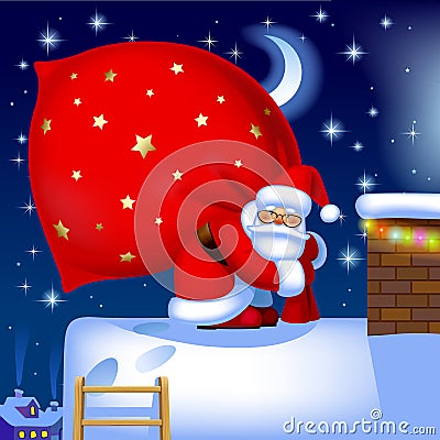 Santa Claus with a sack on the roof Vector Illustration