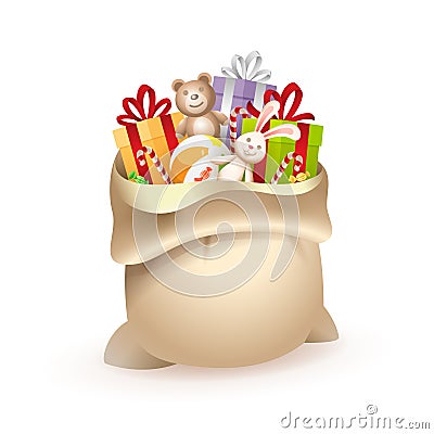 Santa Claus or Saint Nicholas gift bag with toys - isolated on white background Vector Illustration