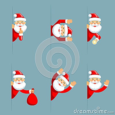 Santa claus secret flashlight peeking out corner surrender give up cartoon characters set flat design isolated vector Vector Illustration