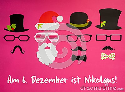 Santa Claus, Set Of Mask, Hat, Pink Background, Nikolaus Means Nicholas Day Stock Photo