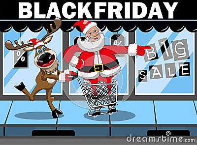 Santa Claus shopping running pushing cart reindeer black friday sale Vector Illustration