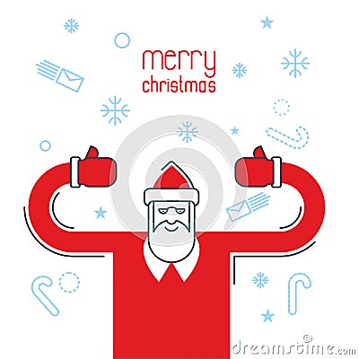 Santa Claus shows thumb up. Merry Christmas design flat line sty Vector Illustration