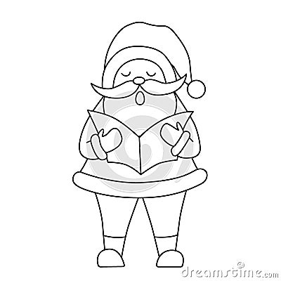 Santa Claus sings a Christmas carol and holds sheet music in his hands. Illustration for a coloring book Vector Illustration