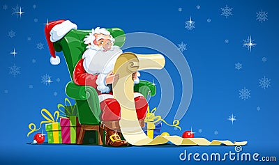 Santa claus sit in armchair and read Vector Illustration