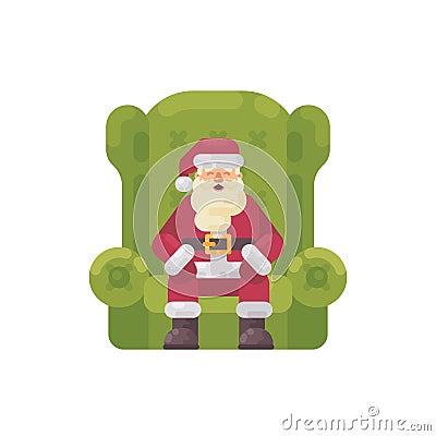 Santa Claus sitting in a big green armchair. Christmas character Vector Illustration