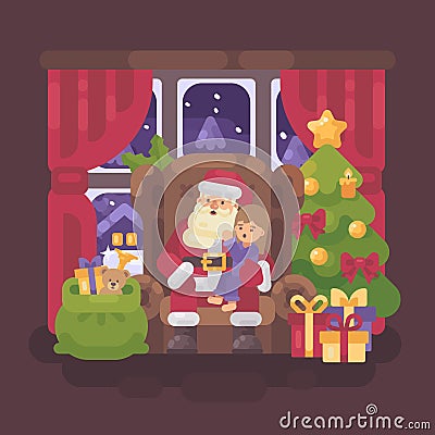 Santa Claus sitting in a chair in a cozy room with a little girl Vector Illustration