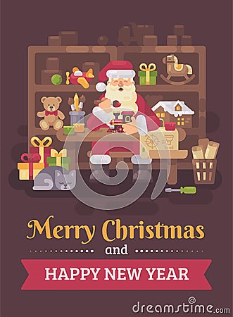 Santa Claus sitting at the desk in his workshop making toys for kids. Christmas flat illustration card Vector Illustration