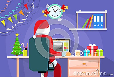 Santa Claus Sitting Desk Using Laptop Internet Vector Illustration