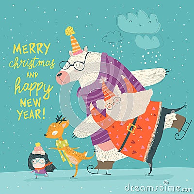 Santa Claus skating with bear, deer and little girl Vector Illustration