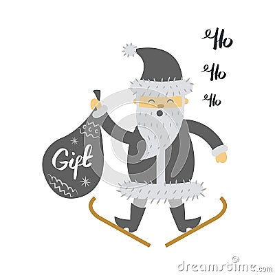 Santa Claus on Ski with Gift Bag Screaming Hohoho Vector Illustration