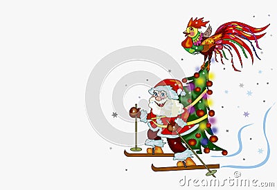 Santa Claus skiing with Christmas tree and a rooster Vector Illustration