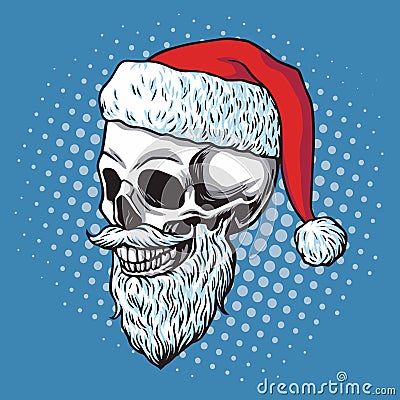 Santa Claus Skull Bearded. Cartoon Vector Hand Drawn Illustration Vector Illustration