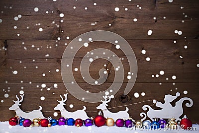 Santa Claus Sled With Reindeer,Snow, Christmas Balls, Snowflakes Stock Photo