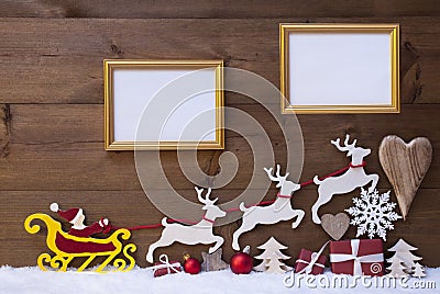 Santa Claus Sled, Reindeer, Snow, Christmas Decoration, Frames Stock Photo