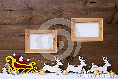 Santa Claus Sled, Reindeer, Snow, Copy Space, Two Frame Stock Photo