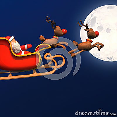 Santa claus sled with rudolph red nose reindeer flying on the moon background, 3d cartoon generative AI Cartoon Illustration