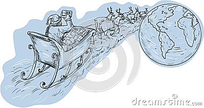 Santa Claus Sleigh Reindeer Gifts Around the World Drawing Vector Illustration