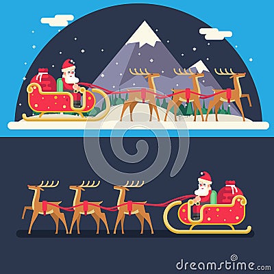 Santa Claus Sleigh Reindeer Gifts Winter Snow Vector Illustration