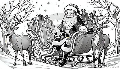 Santa Claus sleigh reindeer simple monochrome line drawing Cartoon Illustration