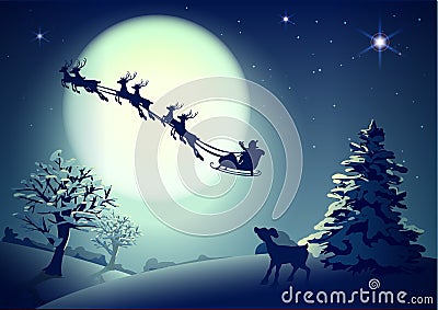 Santa Claus in sleigh and reindeer sled on background of full moon in night sky Christmas Vector Illustration