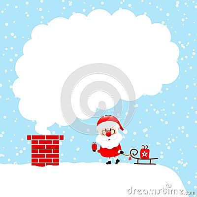 Santa Claus With Sleigh On Roof Cloud Of Smoke Snow Blue Vector Illustration