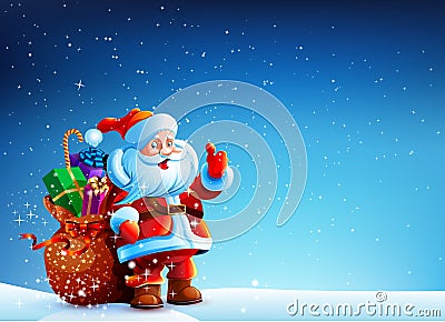 Santa Claus in the snow with a bag of gifts Vector Illustration