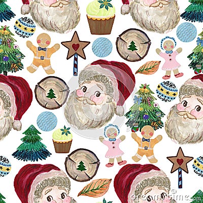 Santa Claus with snow and Blooming blossom garland watercolor vintage style pattern. Cute seamless Stock Photo