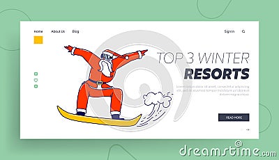 Santa Claus on Snowboard Landing Page Template. Senior Man in Xmas Costume Perform Stunt. Holidays Activity, Spare Time Vector Illustration