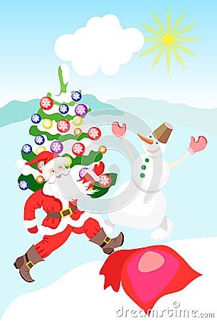 Santa Claus and Snowman dance around the Christmas tree, celebrate the New Year. Vector Vector Illustration