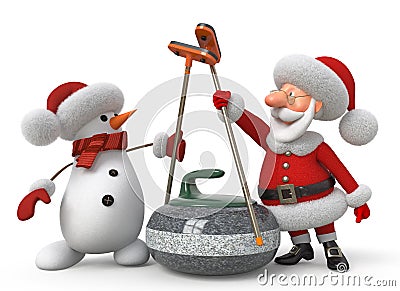 Santa Claus and snowman plays curling Stock Photo