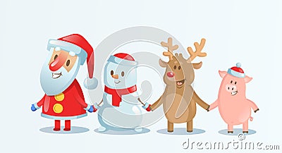 Santa Claus, Snowman, Reindeer and Piggy holding, hands in Christmas snow scene. Happy Christmas companions. Flat vector Vector Illustration