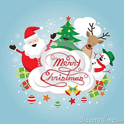 Santa Claus, Snowman, Reindeer and Tree Characters, Label Vector Illustration