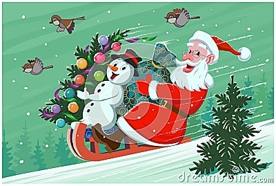 Santa claus with a snowman on a sled Stock Photo