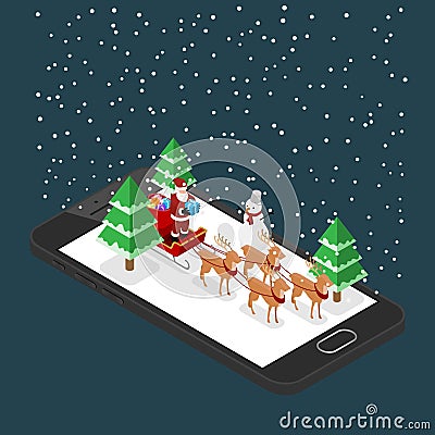 Santa claus stand and holding a gift on a sleigh with six reaindeers on a black cellphone in Christmas theme, illustration vecton Vector Illustration