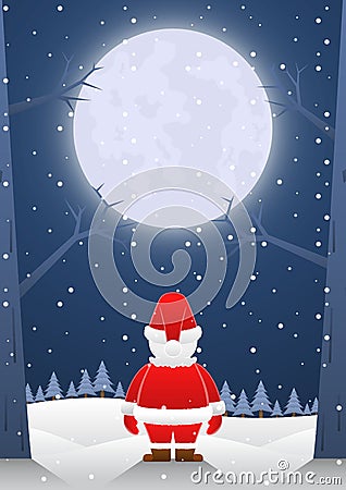 Santa claus standing alone on christmas night with big moon Vector Illustration