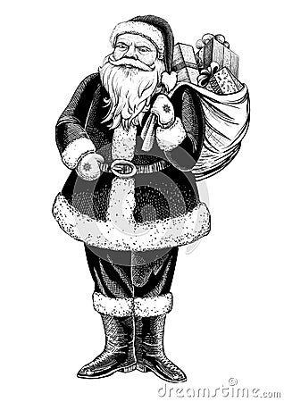 Santa Claus standing figure with sack full of presents Vector hand drawn illustration. Vector Illustration