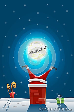 Santa claus stuck in the Chimney - Reindeers run away - Sled and gifts falls down Vector Illustration