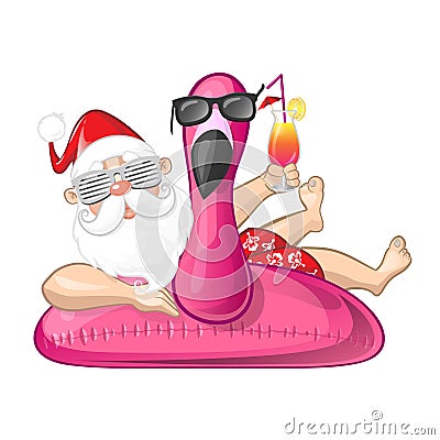 Santa Claus on summer vacation with flamingo inflatable swim ring - sunglasses Vector Illustration