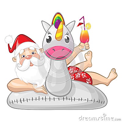 Santa Claus on summer vacation with Unicorn inflatable swim ring - isolated Vector Illustration