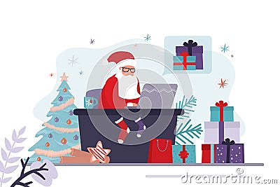 Santa Claus takes orders for gifts online. Father Christmas sits at workplace and works. Different gift boxes in santa`s office Vector Illustration