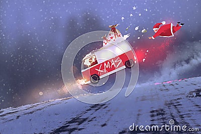 Santa claus and the van with christmas gift bags jumping on winter road Cartoon Illustration