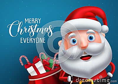 Santa claus vector character and merry christmas greeting in a blue background banner Vector Illustration