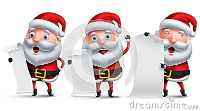 Santa claus vector character set holding blank white paper of christmas wish list Vector Illustration