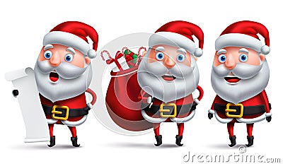 Santa claus vector character set holding wish list and carrying bag Vector Illustration